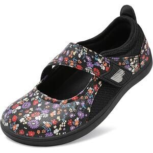 BareRun Womens 10 Wide Black Floral Mary Jane Flats Non Slip Barefoot Shoes